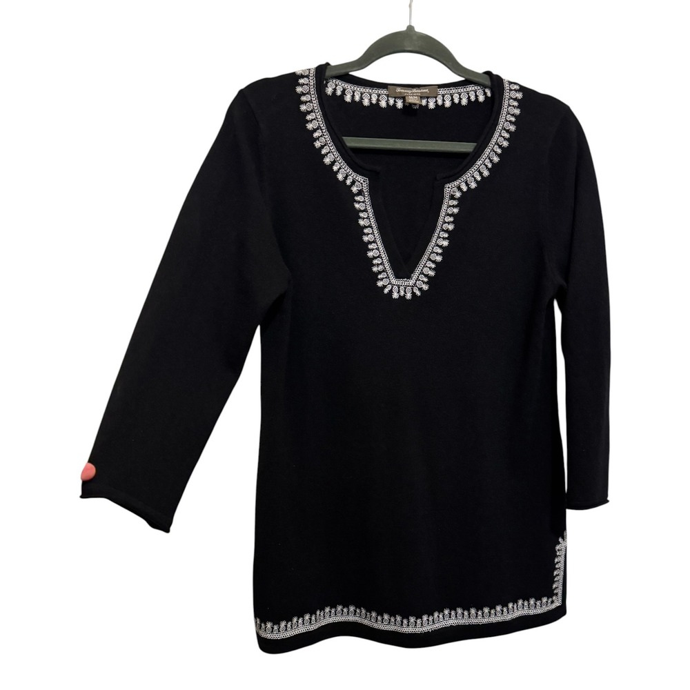 Tommy Bahama Cashmere Sweater Women's Size M Black Pineapple Embroidered Tunic